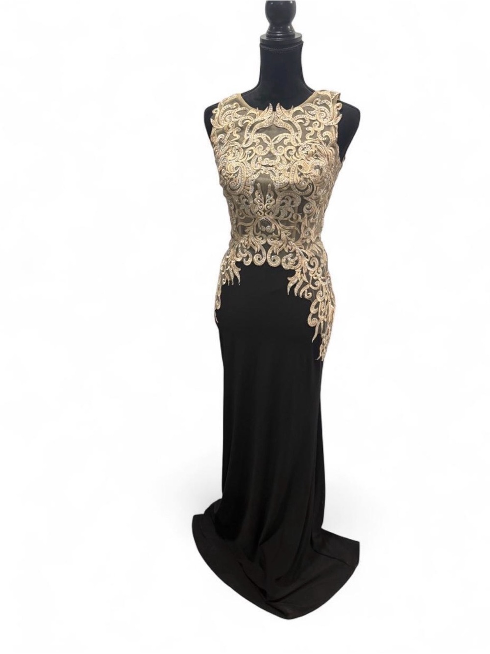 Elegant Black Evening Gown with Gold Embroidery and rhinestones size small